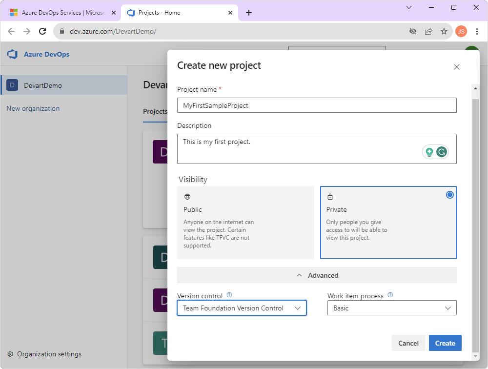 Create a project in the Azure DevOps account