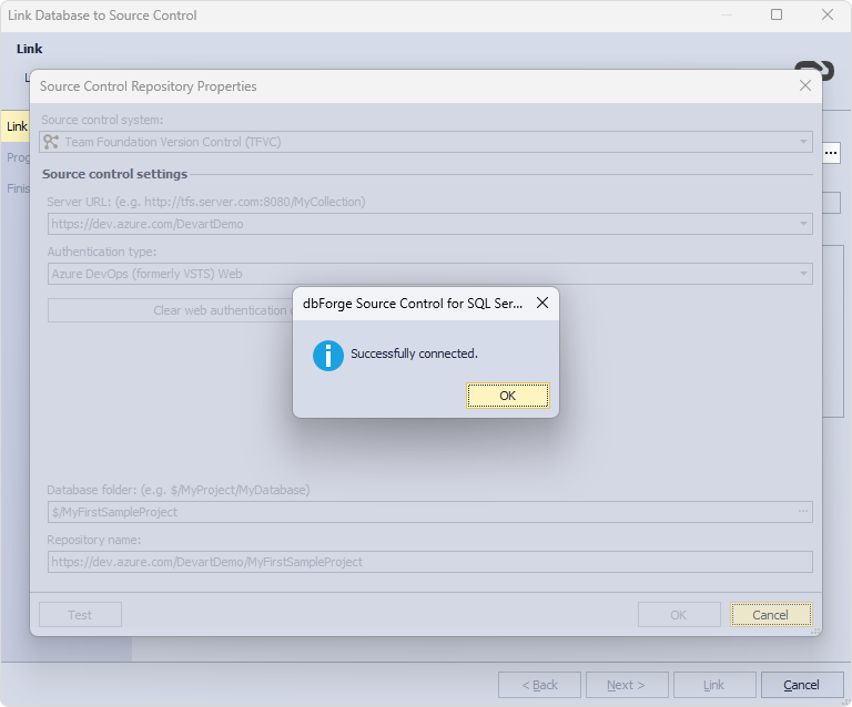 Verify that the database can be successfully connected to source control
