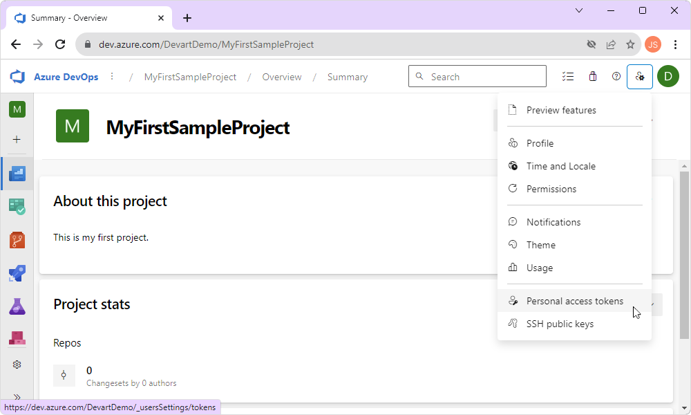 Obtain an authorization token in the Azure DevOps user settings