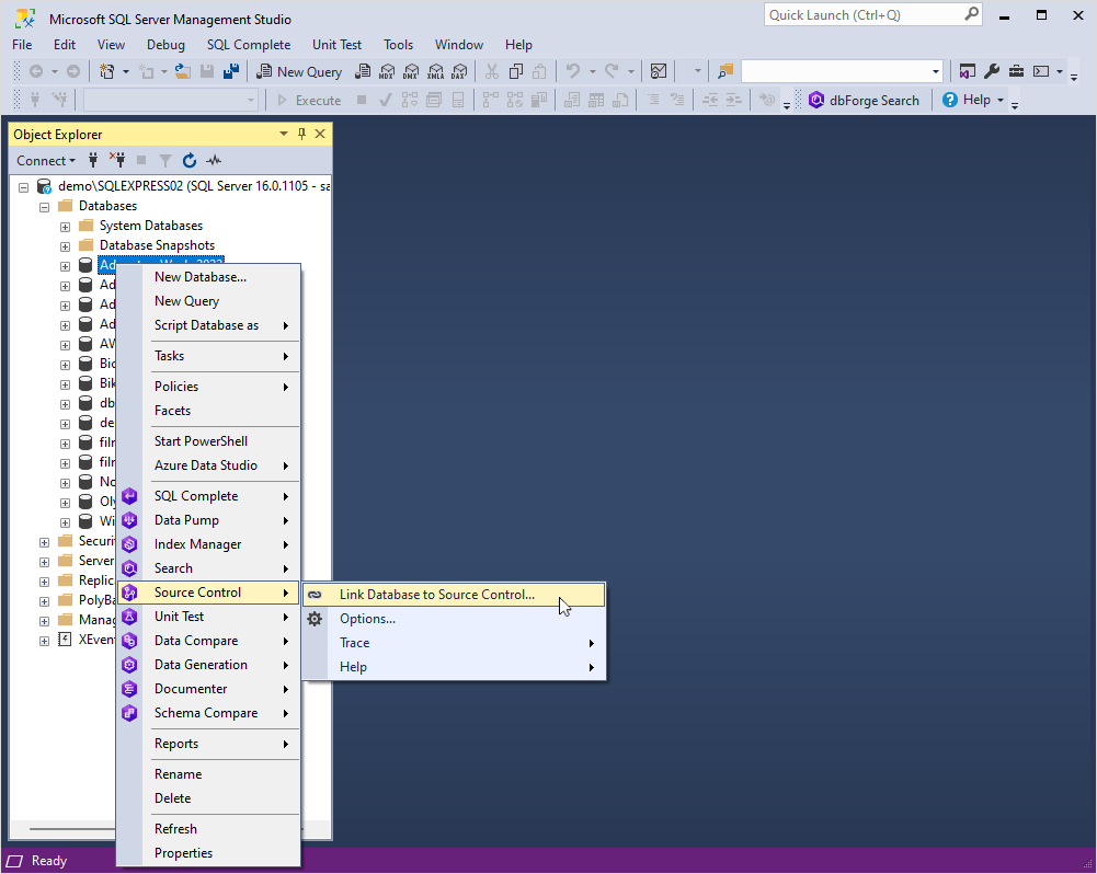 Link a database to source control in dbForge Source Control