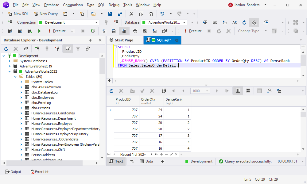 dbForge Studio for SQL Server - PARTITION BY with DENSE_RANK