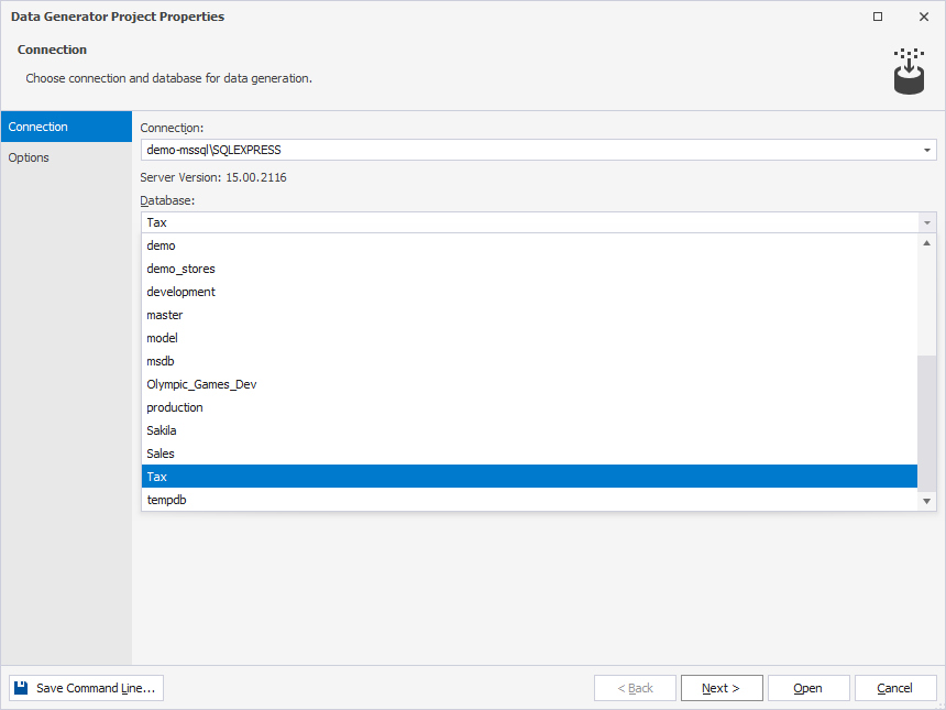 Choose connection and database for data generation