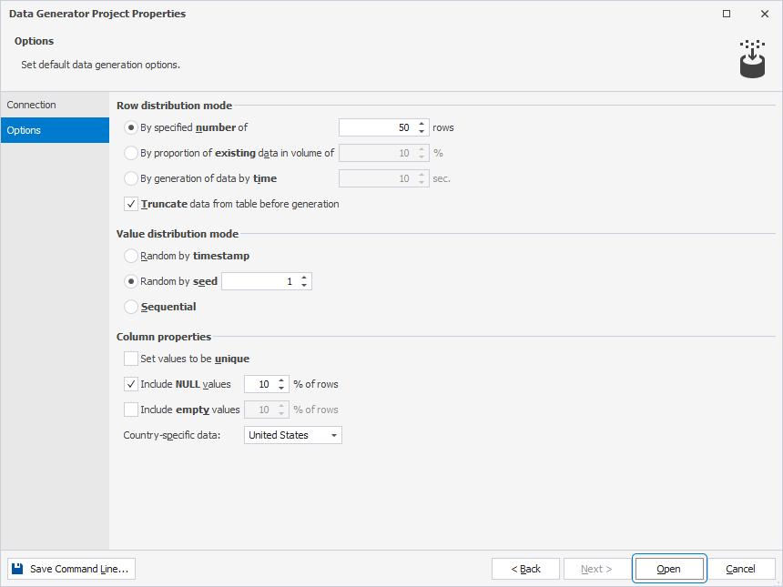 Set default data generation options
