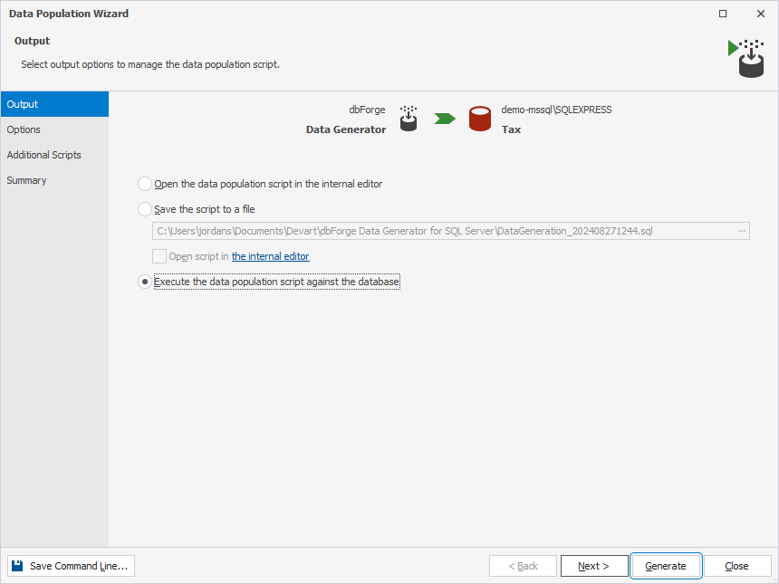 Select output options to manager the data population script
