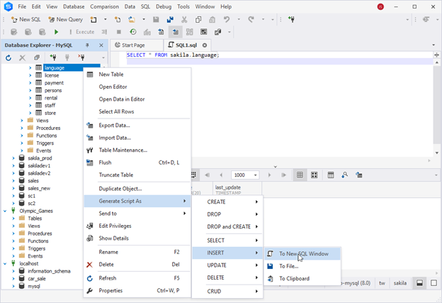 dbForge Studio for MySQL is displaying the Generate Script As menu to create an INSERT statement in a new SQL window.