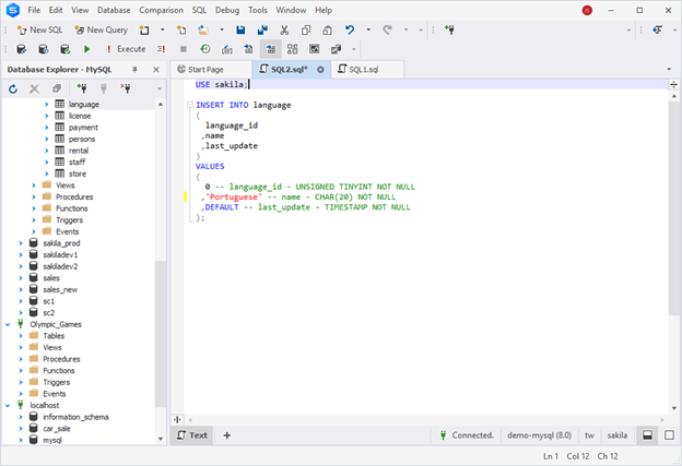 dbForge Studio for MySQL is showing an INSERT INTO statement adding Portuguese to the language table in the sakila database.