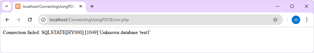 Error message - 'Connection failed: Unknown database 'test1''.