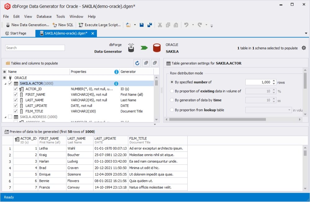 dbForge Data Generator for Oracle is showing table selection, row distribution settings, and preview of generated data