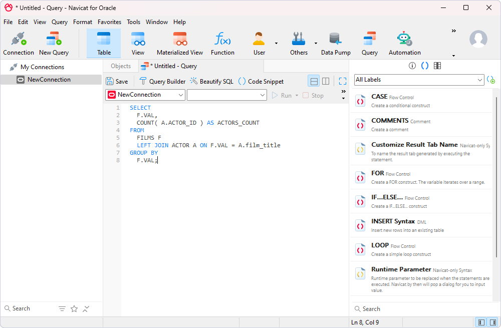Navicat for Oracle query editor is displaying SQL code, connection panel, toolbar actions, and a side panel with code snippets and syntax templates.