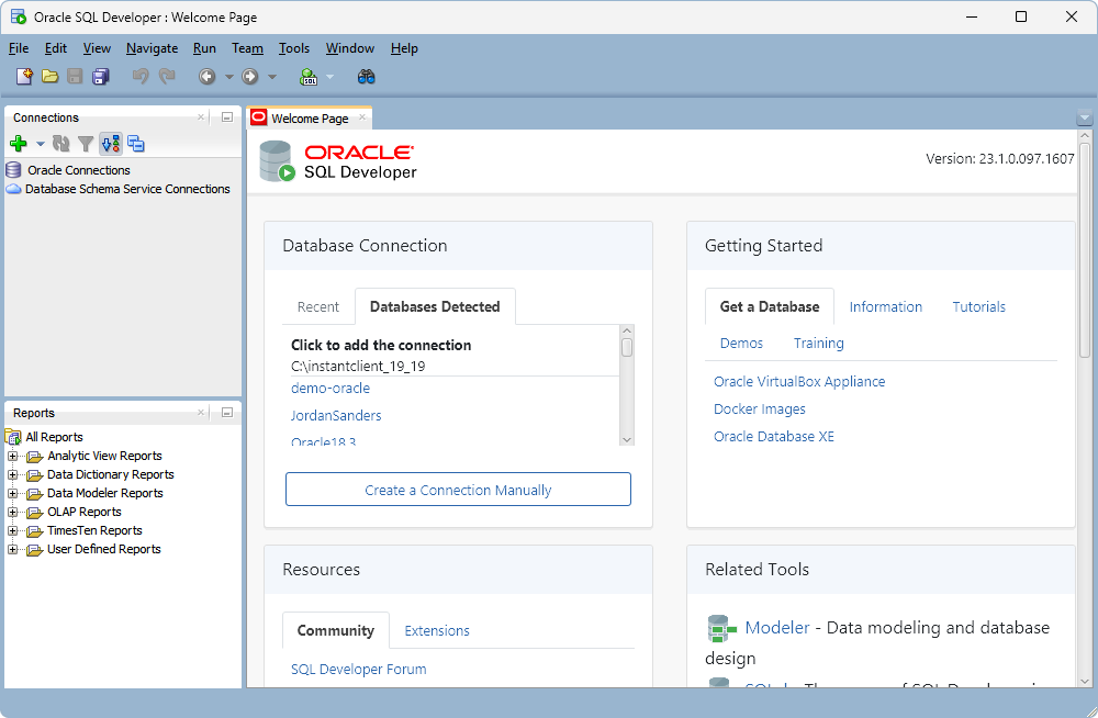 Oracle SQL Developer welcome screen is showing database connections panel, reports tree, and setup options for creating or detecting Oracle Database connections.