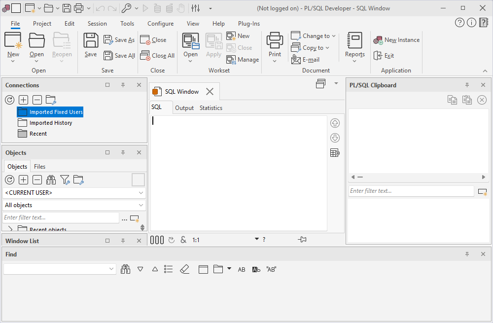 PL/SQL Developer interface is showing SQL Window, Connections panel, object browser, clipboard window, and toolbar options for SQL development.
