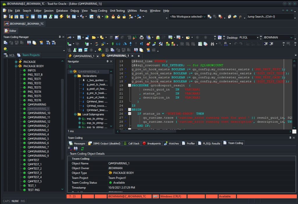 Toad for Oracle dark UI is displaying a PL/SQL package body in the editor, object navigator tree, and Team Coding details.