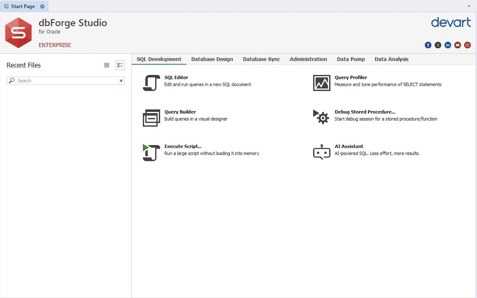 dbForge Studio for Oracle main interface is showing SQL Development tools, including SQL Editor, Query Builder, Script Runner, and connection options.