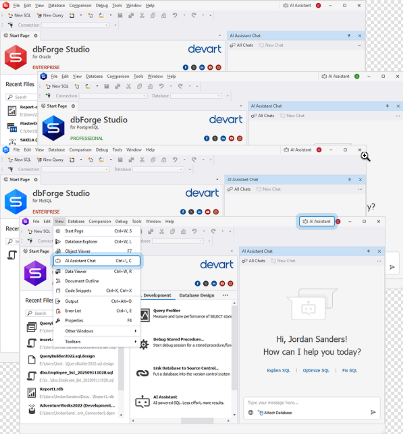dbForge Edge is showing AI Assistant Chat across Oracle, PostgreSQL, and MySQL environments with the View menu option highlighted.