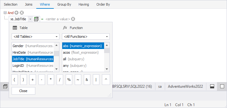 Select the column name under the Table list