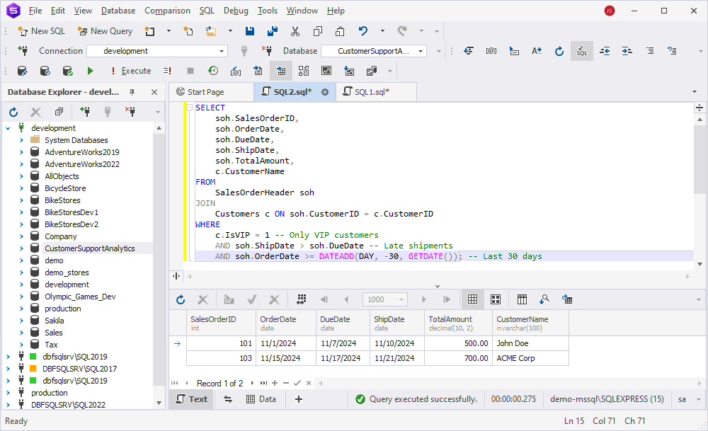 Execute the SELECT query to identify delayed shipments
