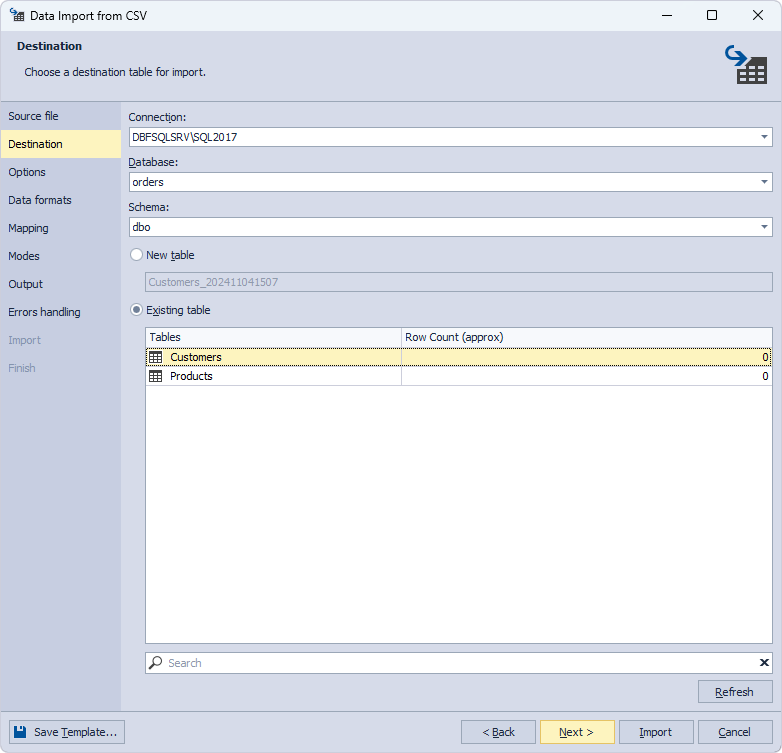 Select the schema and tables you want to import