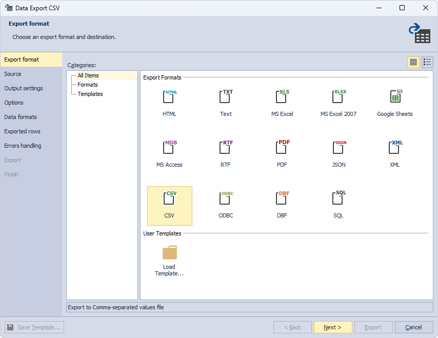Select the export format