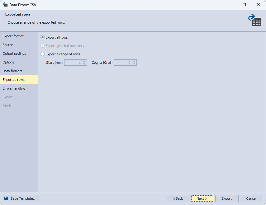 Choose a range of the exported rows
