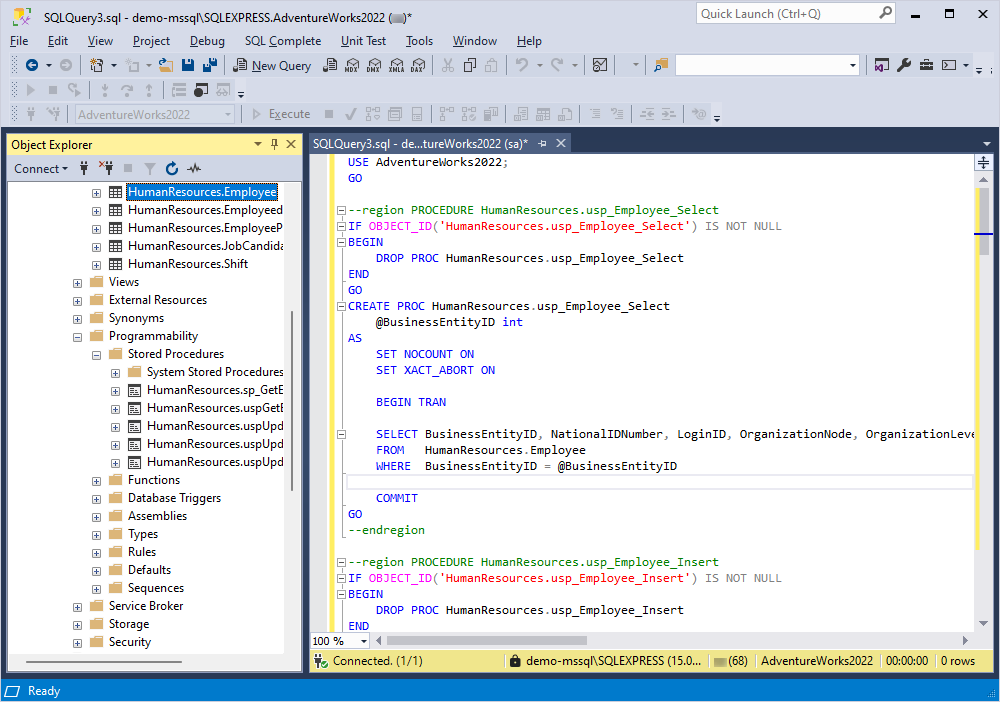 The generated CRUD script in dbForge SQL Complete