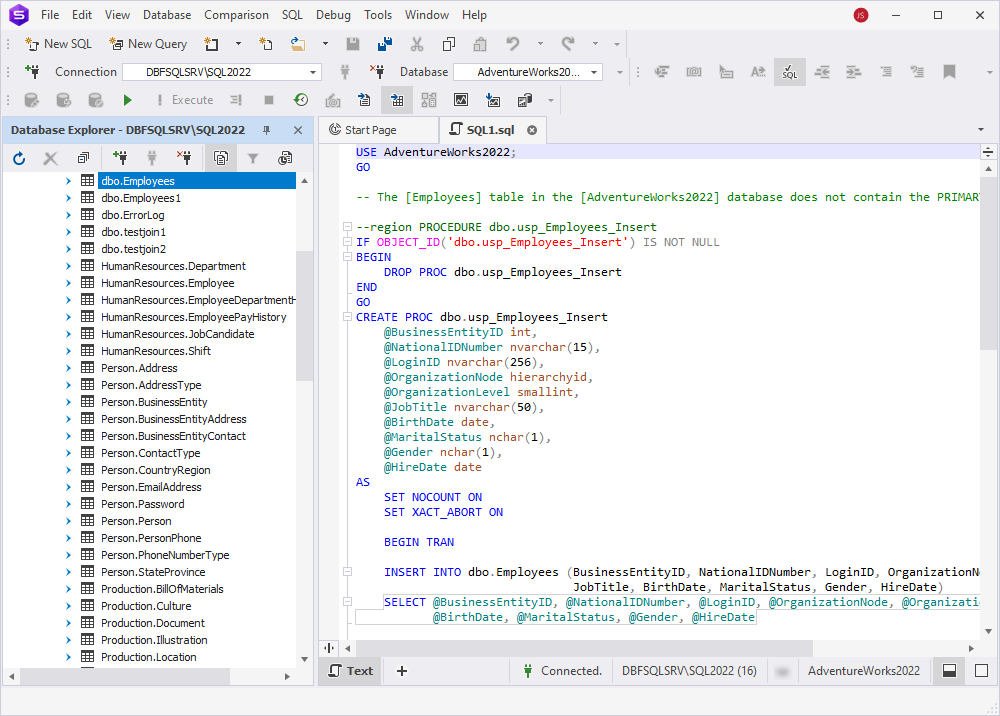 The generated script in dbForge Studio for SQL Server