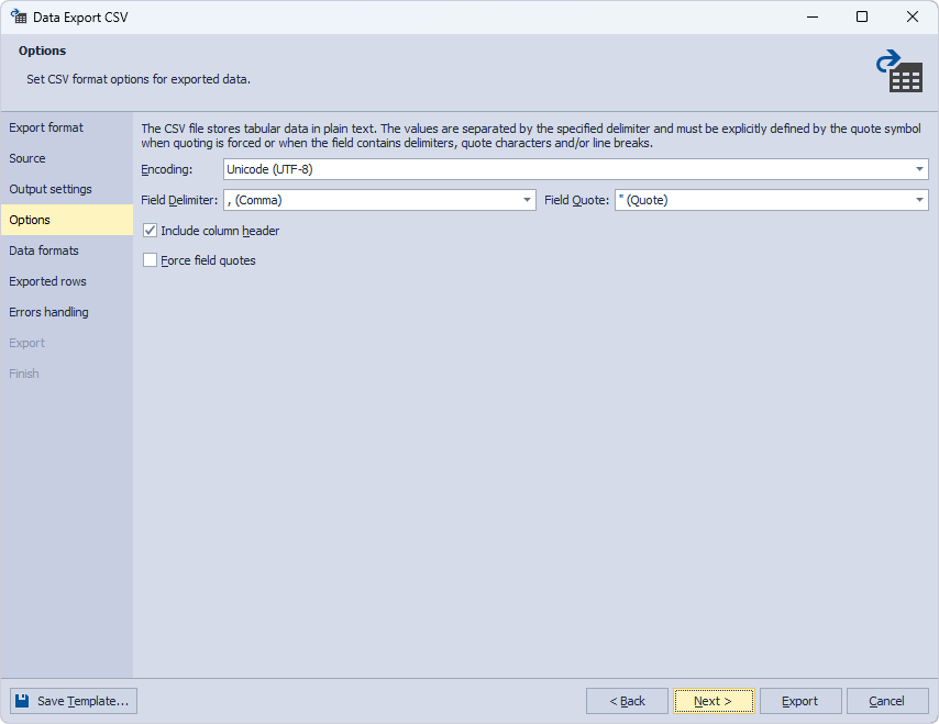 Set CSV format options for exported data