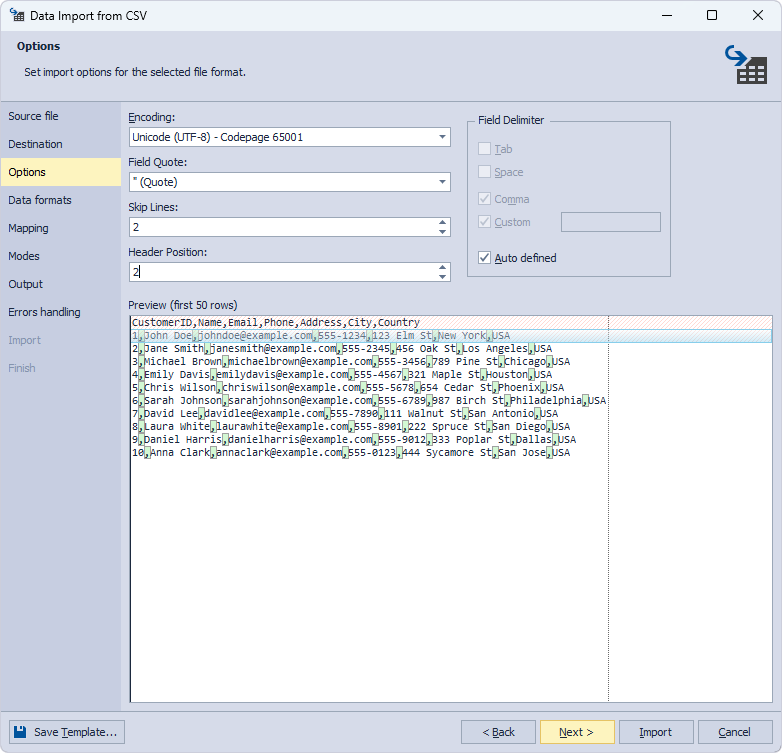 Set import options for the selected file format