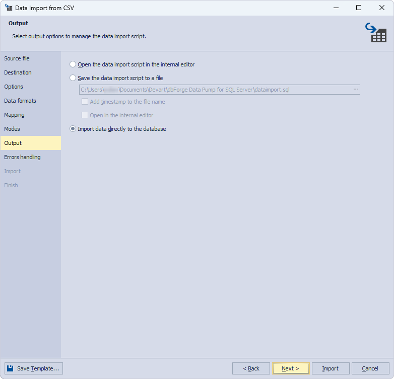 Select output options to manage the data import script