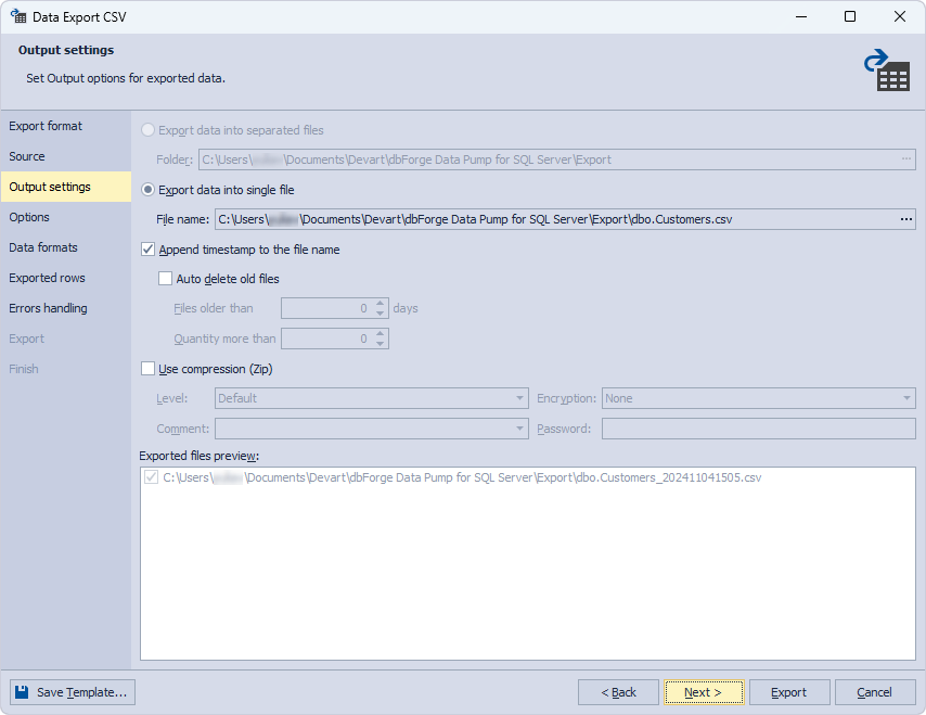 Set output options for exported data