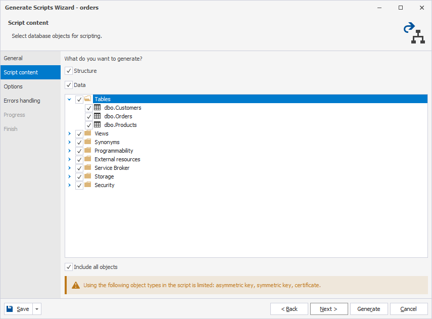 Select database objects for scripting