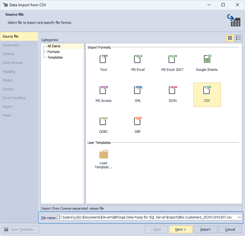 Specify a path to the exported file with the data