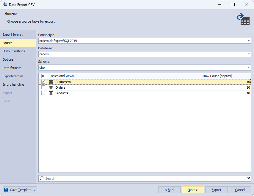 Choose a source table for export