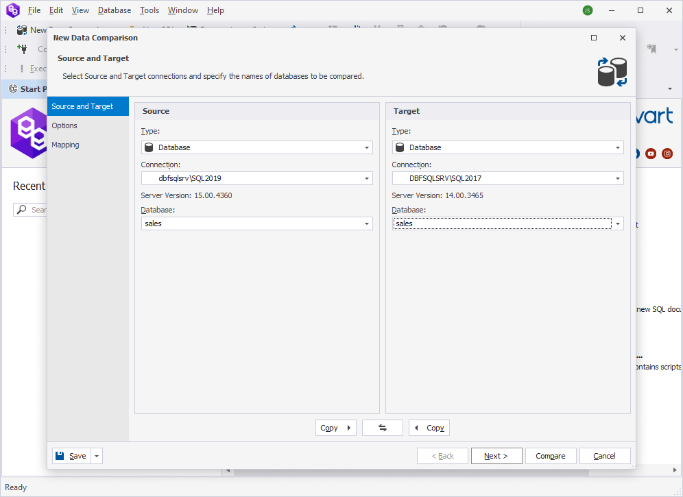 Select Source and Target connections and databases to compare