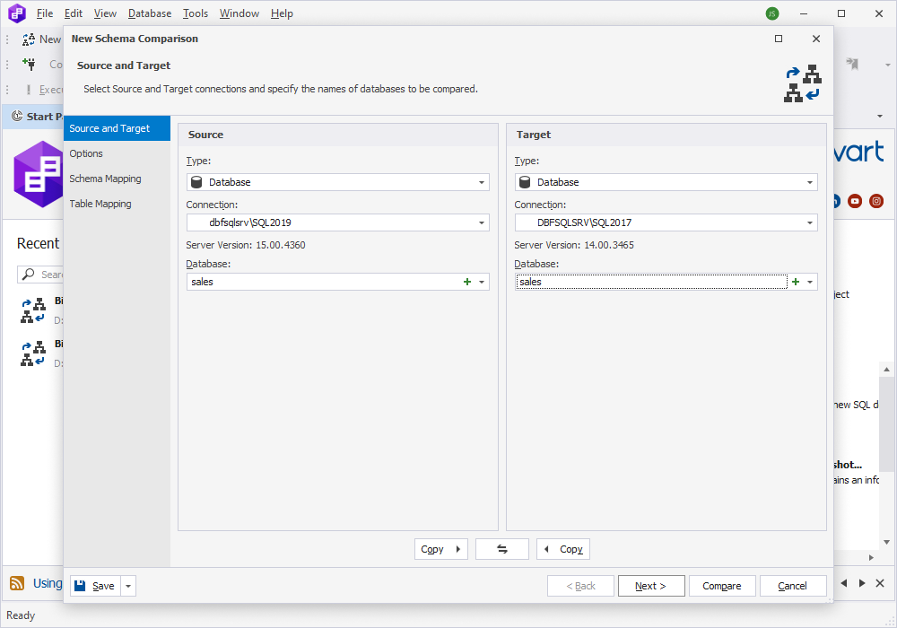 Select Source and Target connections and databases for comparison