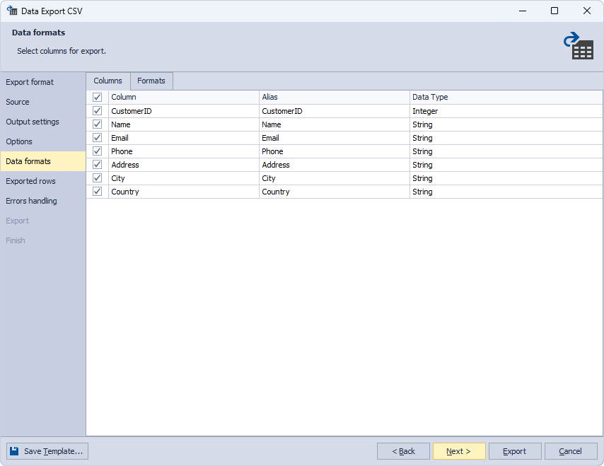 Select columns for export