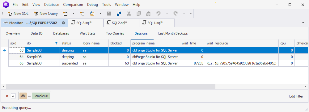Monitor displaying blocking and blocked sessions