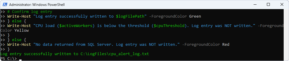 SqlServer module: Log entry successfully written