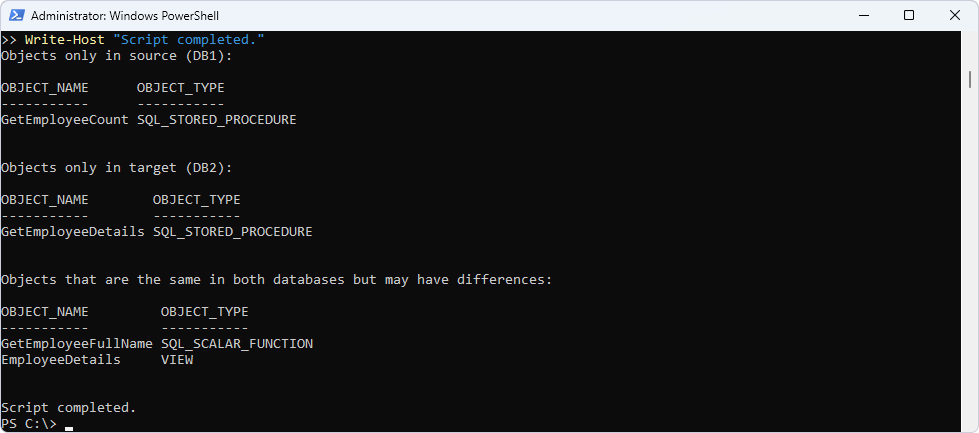 Schema comparison result