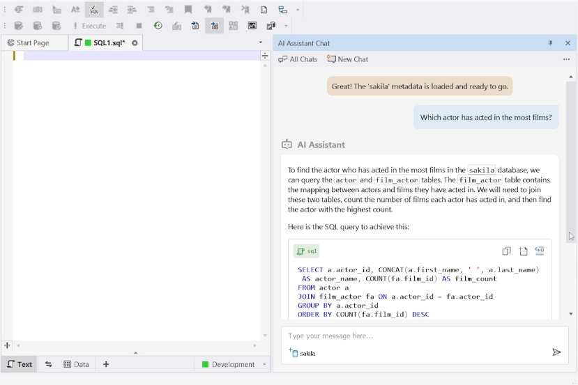 dbForge Studio displays the AI Assistant Chat panel generating an SQL query from a natural-language question about which actor has appeared in the most films.