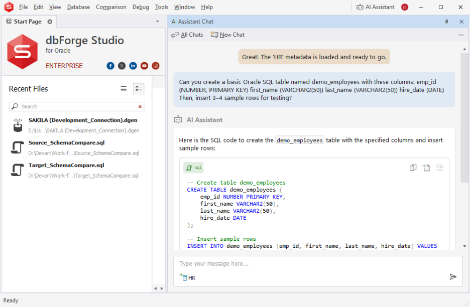 dbForge Studio for Oracle is showing the AI Assistant Chat generating SQL code to create a demo_employees table and insert sample rows from a natural-language request.
