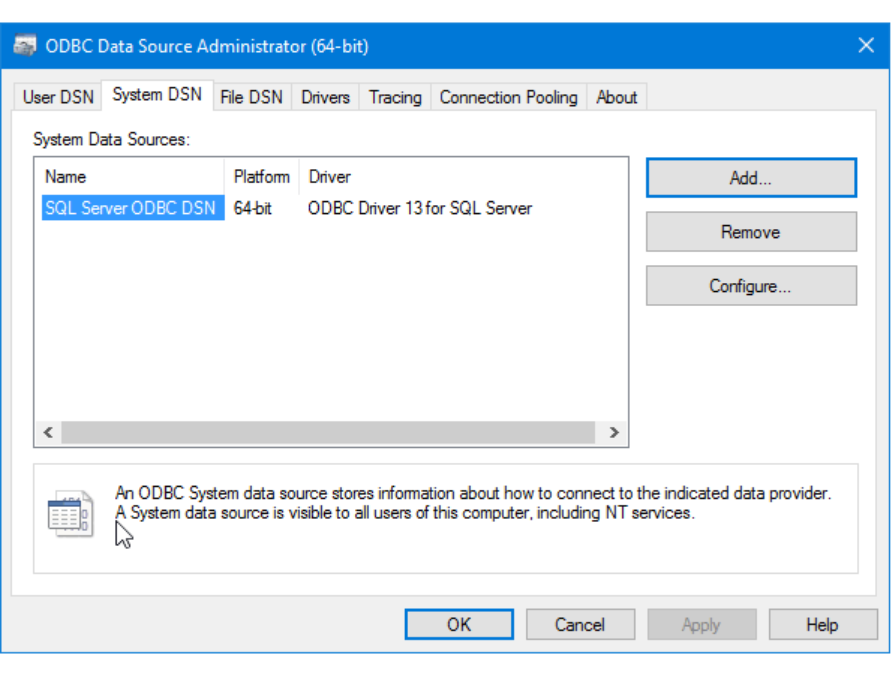 Windows ODBC Data Source Administrator displaying SQL Server ODBC data source configured with Microsoft ODBC driver.