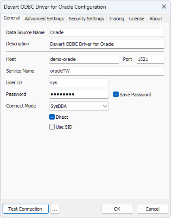 Devart ODBC Driver for Oracle configuration window showing DSN setup with host, port, service name, user credentials, and direct connection mode enabled.