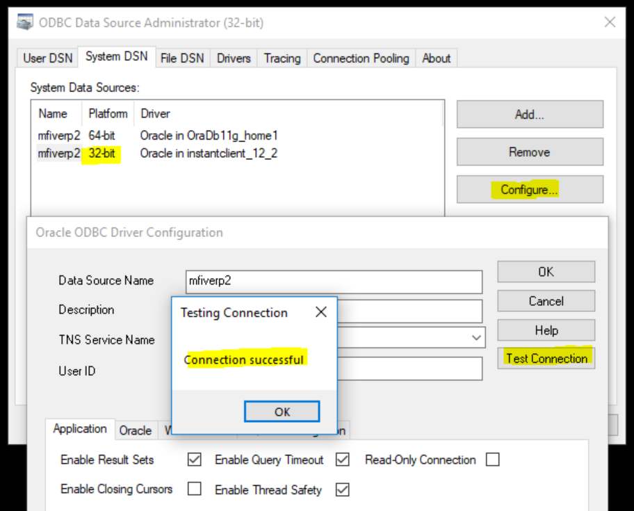Oracle Instant Client ODBC driver DSN configuration in ODBC Data Source Administrator showing 32-bit setup and successful connection test.