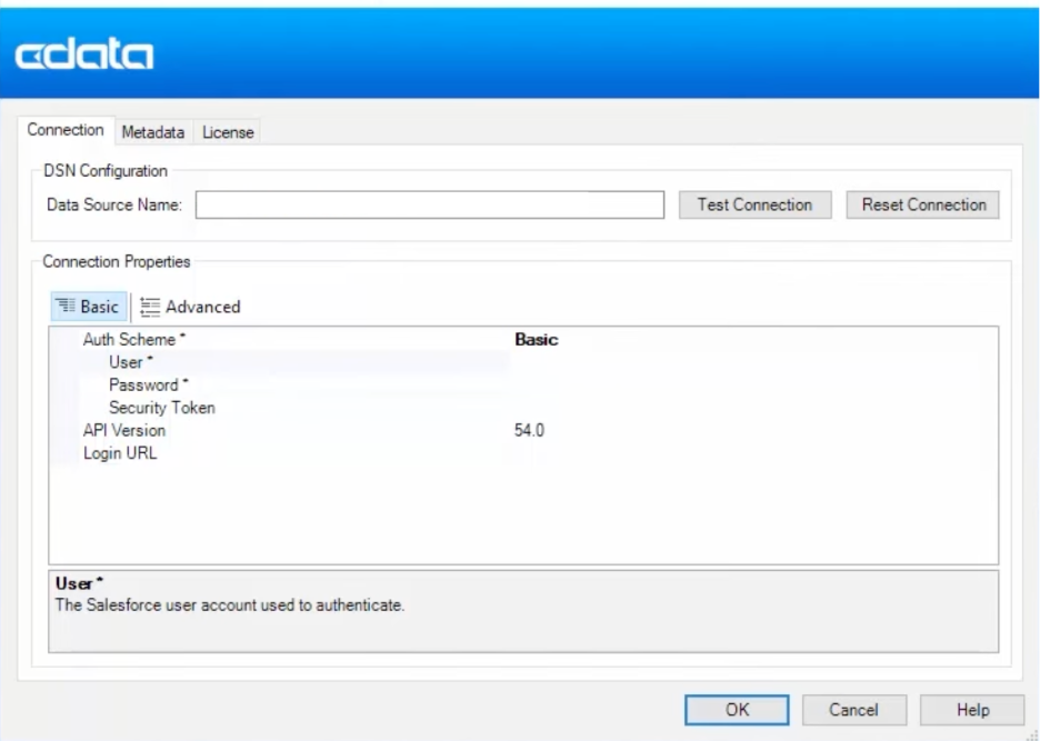 CData ODBC Driver for Oracle DSN configuration window showing connection settings, authentication fields, and test connection options.