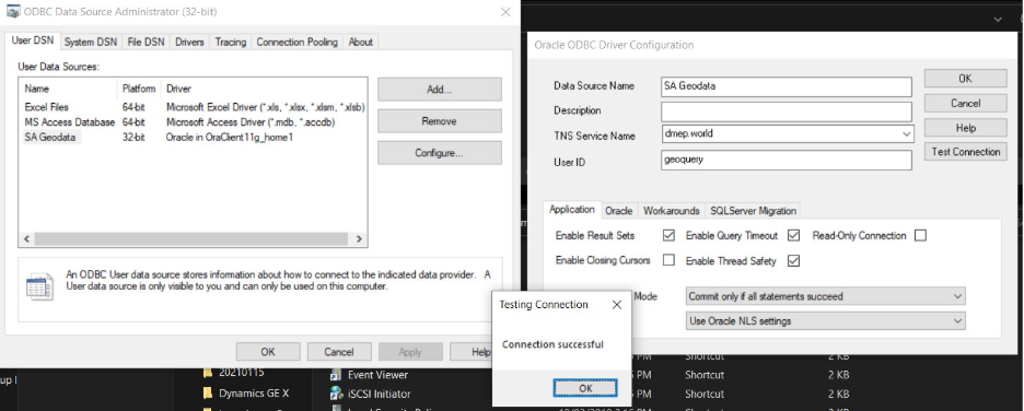 Microsoft ODBC Driver for Oracle DSN setup in ODBC Data Source Administrator showing configuration window and successful connection test.