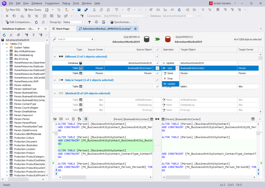 Alt text: dbForge schema comparison showing object differences, a deployment script, and report export options.