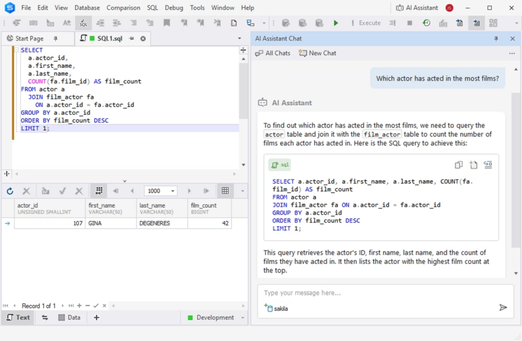 dbForge AI Assistant generating a SQL query with the result shown in the data grid.