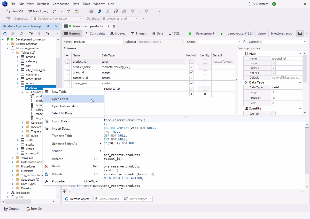 dbForge Studio for PostgreSQL showing the products table in Object Editor with the table context menu open in Database Explorer