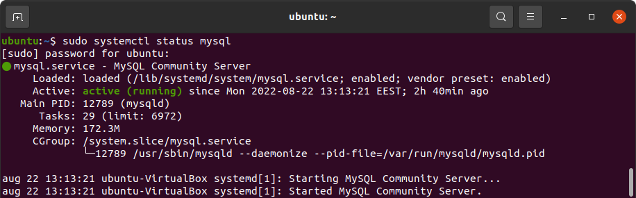 Output shows the service is active
