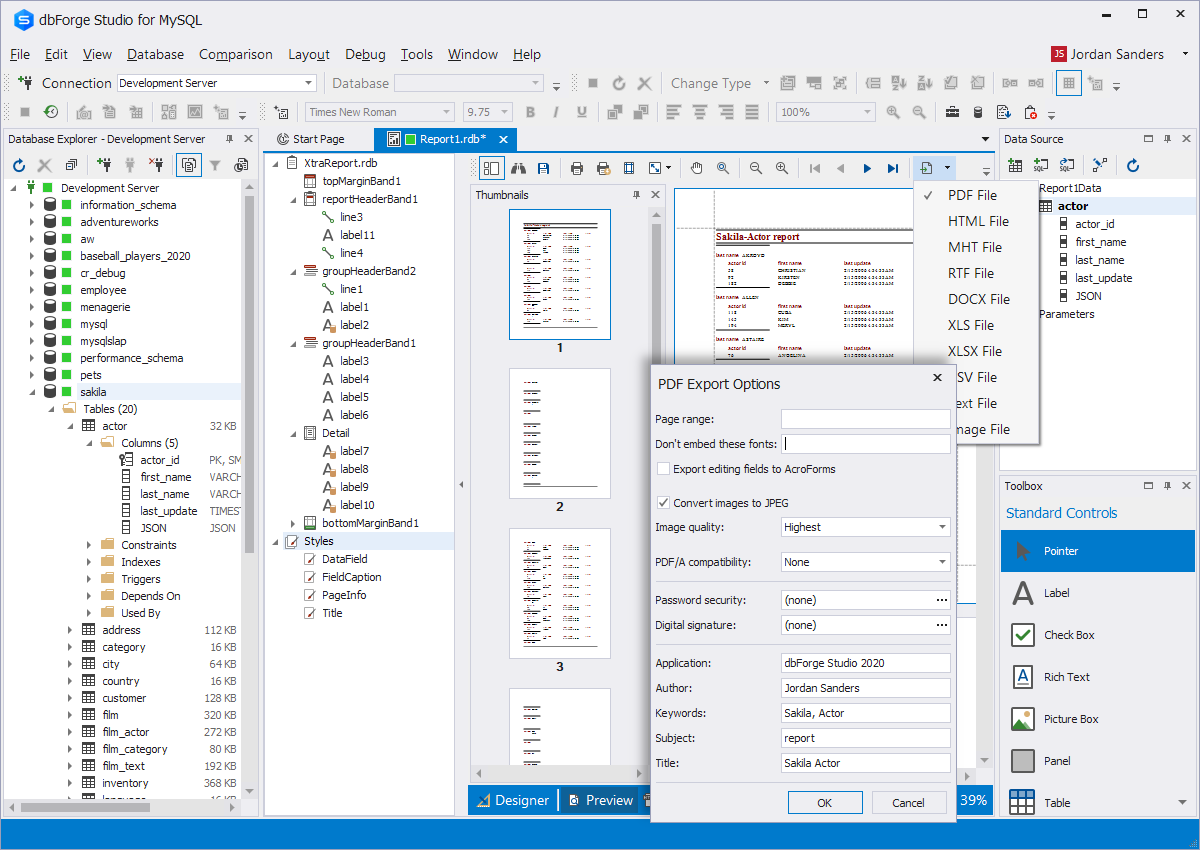 Data reports and analysis capabilities of this MS SQL database client for Windows